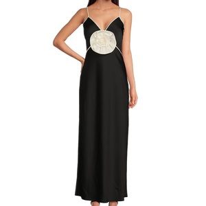 Stephanie Satin V-Neck Rosette Detail Sleeveless Slip Maxi Dress
